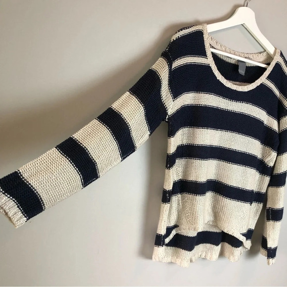 QUINN Colorblock Striped Navy Sweater Top Medium - Picture 3 of 5